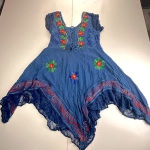 Scared Threads Blue Embroidered Floral Boho Lace Up Asymmetrical Dress L/XL NWOT